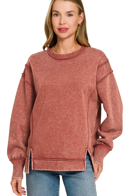 Time For Dreaming Acid Wash Fleece Sweatshirt in Dark Rust