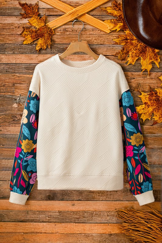 Make You Mine Floral Sleeve Top in Ivory/Teal