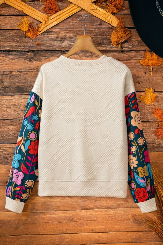 Make You Mine Floral Sleeve Top in Ivory/Teal