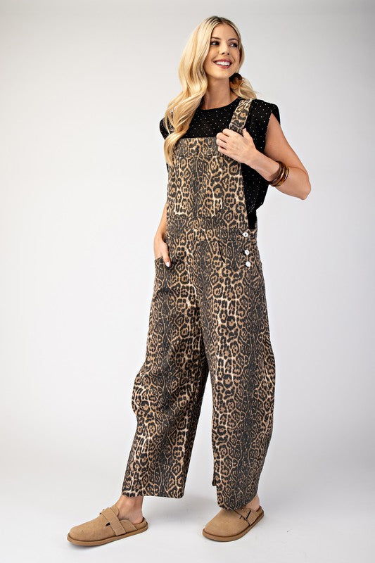 Paws For Effect Leopard Print Denim Overalls in Black/Brown