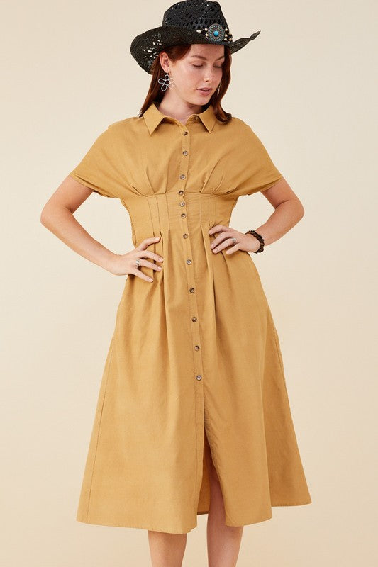 Dakota Button Front Corduroy Dress in Camel
