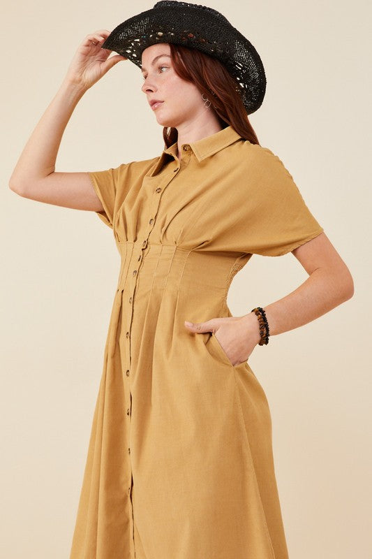 Dakota Button Front Corduroy Dress in Camel