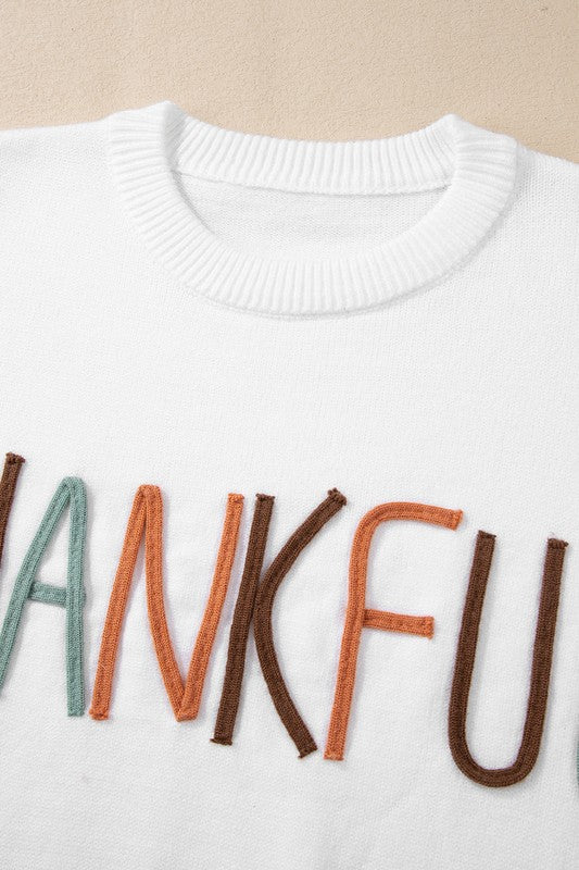 Thankful Embroidered Sweater in White