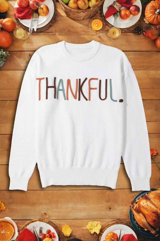 Thankful Embroidered Sweater in White