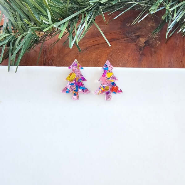 Sparkly Confetti Tree Stud Earrings in Light Pink
