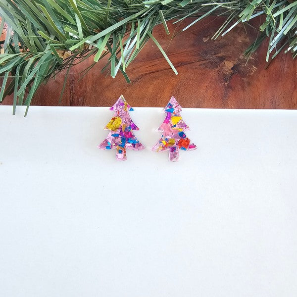 Sparkly Confetti Christmas Tree Studs in Light Pink