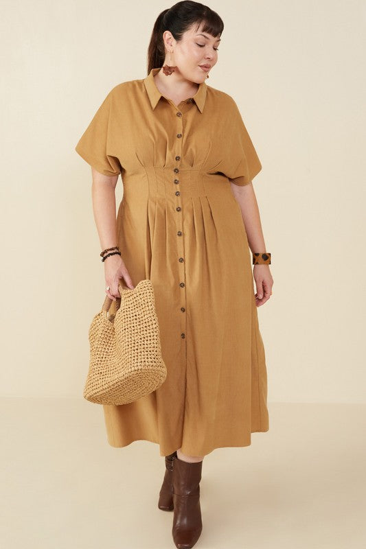 Dakota Button Front Corduroy Midi Dress in Camel - Curvy