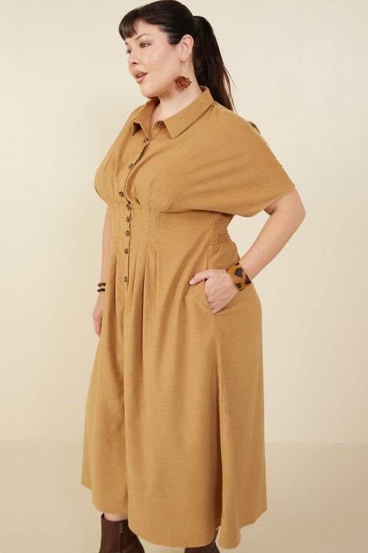 Dakota Button Front Corduroy Midi Dress in Camel - Curvy