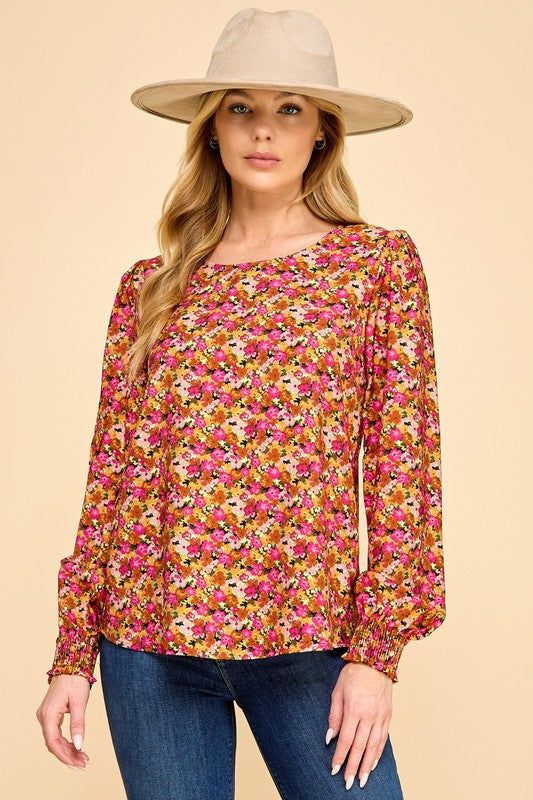 Shayla Floral Blouse in Fuchsia/Caramel/Black