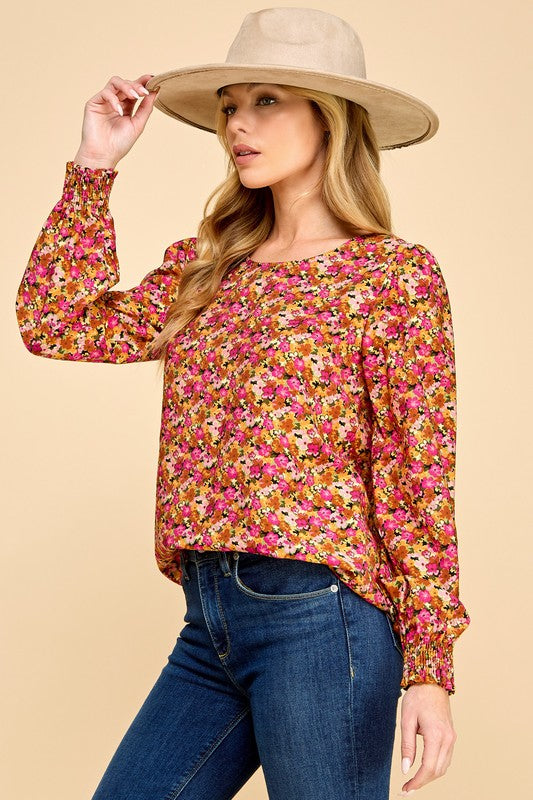 Shayla Floral Blouse in Fuchsia/Caramel/Black