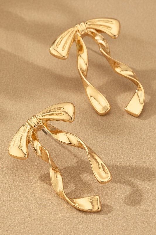 Twisted Ribbon Bow Earrings in Gold