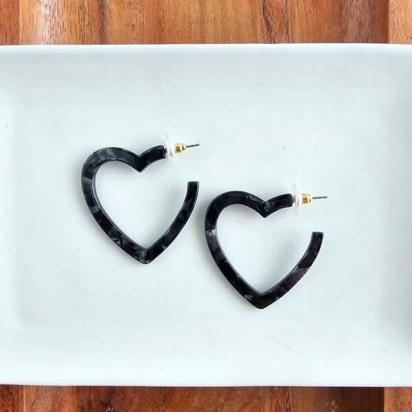 Acrylic Heart Hoops Earrings in Black