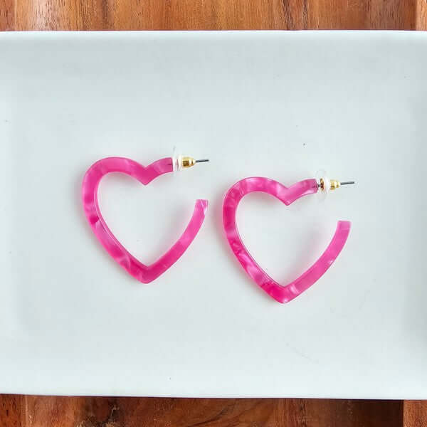 Acrylic Heart Hoops Earrings in Hot Pink