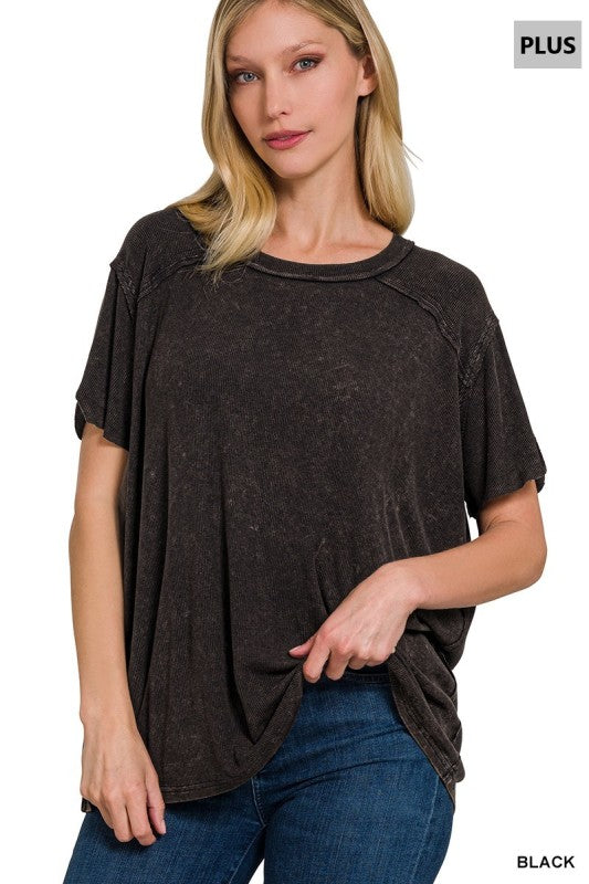 Tenley Raw Edge Ribbed Tee in Black - Curvy