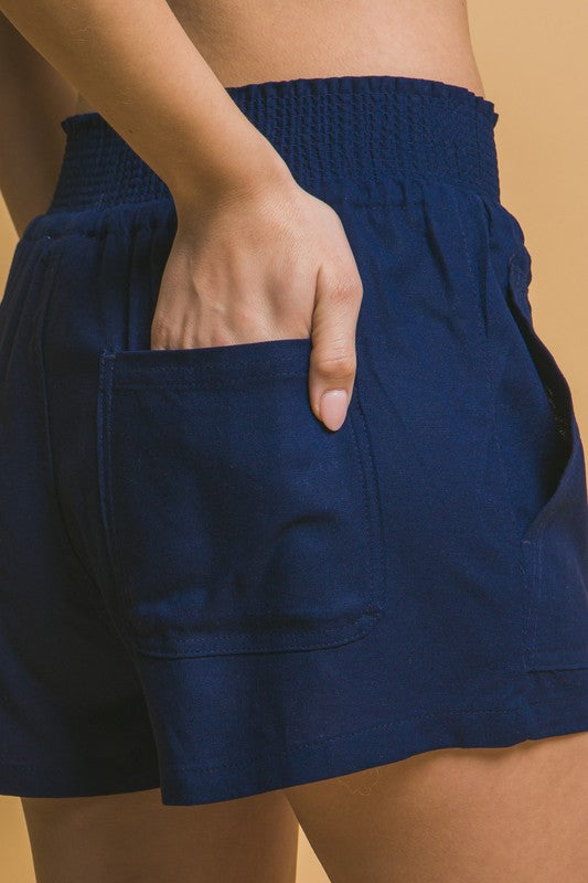 Amanda Linen Smocked Waist Shorts in Navy