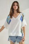 Calista Cotton Gauze and Patchwork Top in White/Blue - Curvy