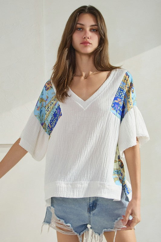 Calista Cotton Gauze and Patchwork Top in White/Blue - Curvy