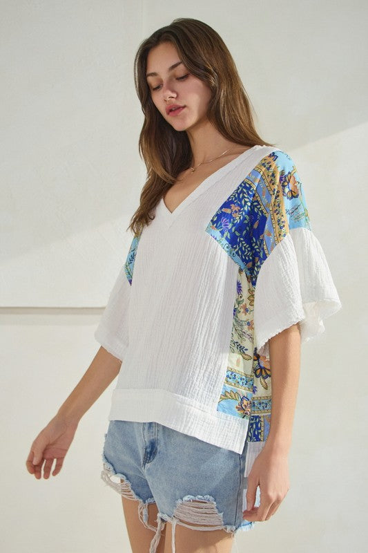 Calista Cotton Gauze and Patchwork Top in White/Blue - Curvy