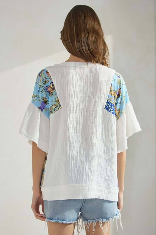Calista Cotton Gauze and Patchwork Top in White/Blue - Curvy