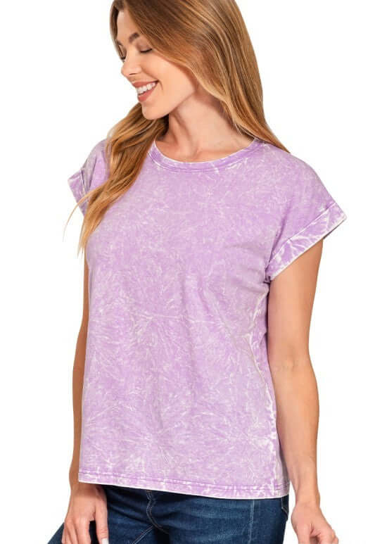 All in Fun Crinkle Washed Short Sleeve Tee in Bright Lavender