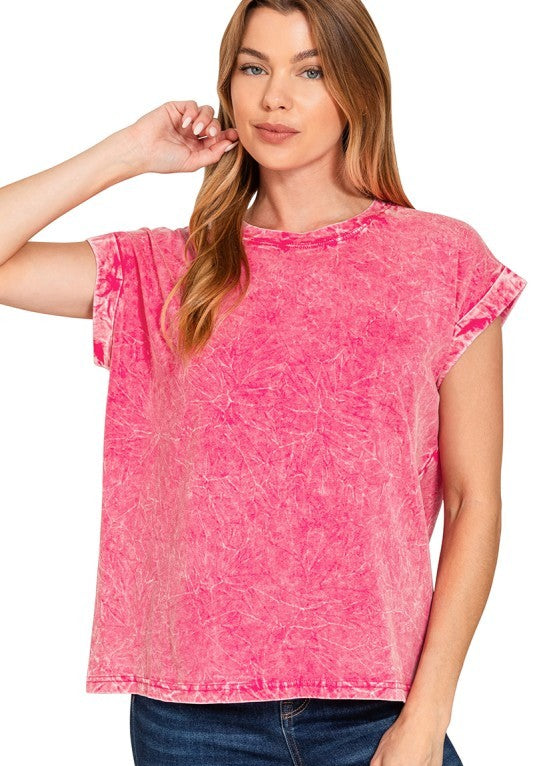 All in Fun Crinkle Washed Short Sleeve Tee in Hot Pink