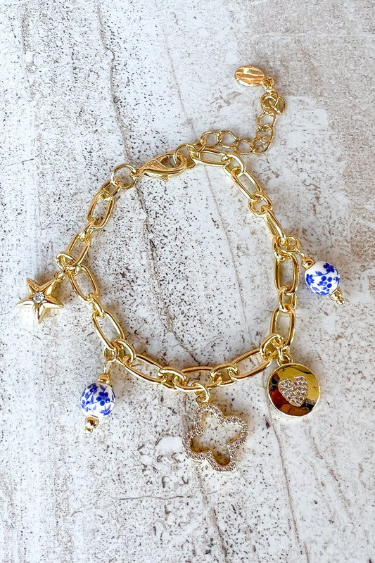 Molly 7" Blue and White Bead and Crystal Charms Bracelet