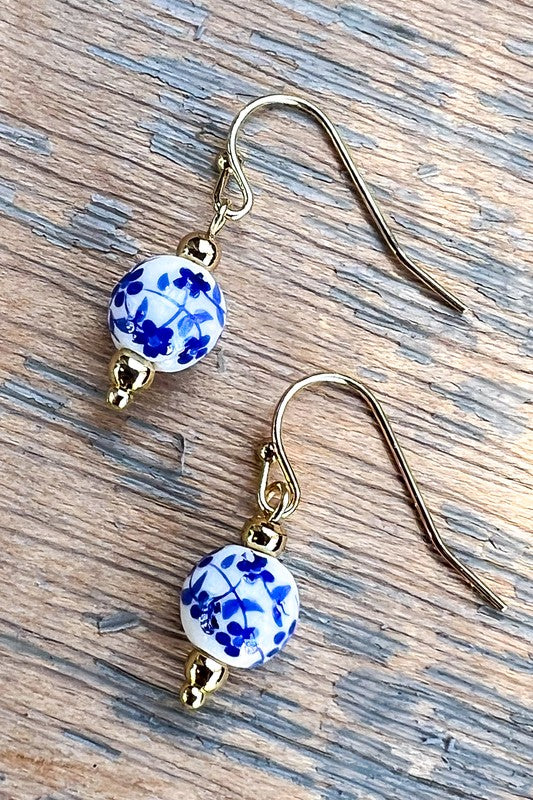 Molly Blue and White Floral Drop Earring in Gold