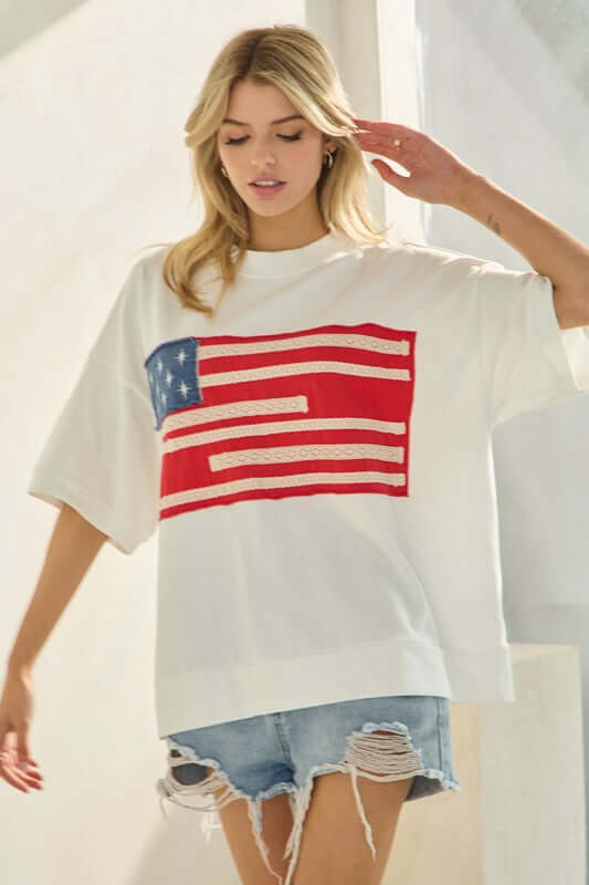Glory Americana Applique Flag Pullover in Washed White - Curvy