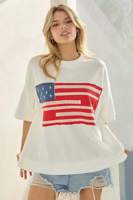 Glory Americana Applique Flag Pullover in Washed White