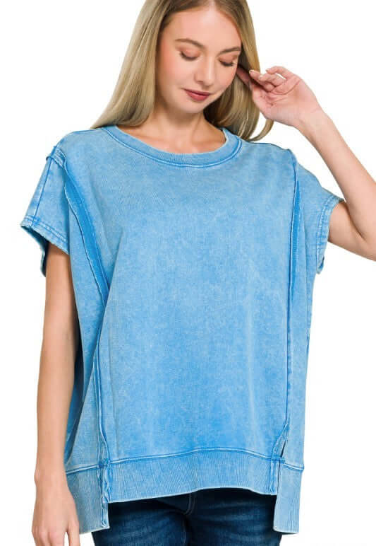 Calm, Cool, and Collected Acid Washed French Terry Pullover in Deep Sky