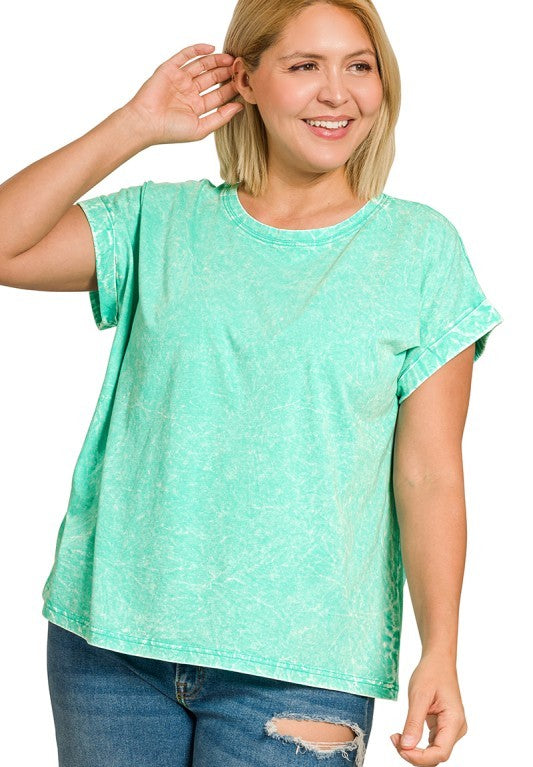 All in Fun Crinkle Washed Short Sleeve Tee in Mint - Curvy