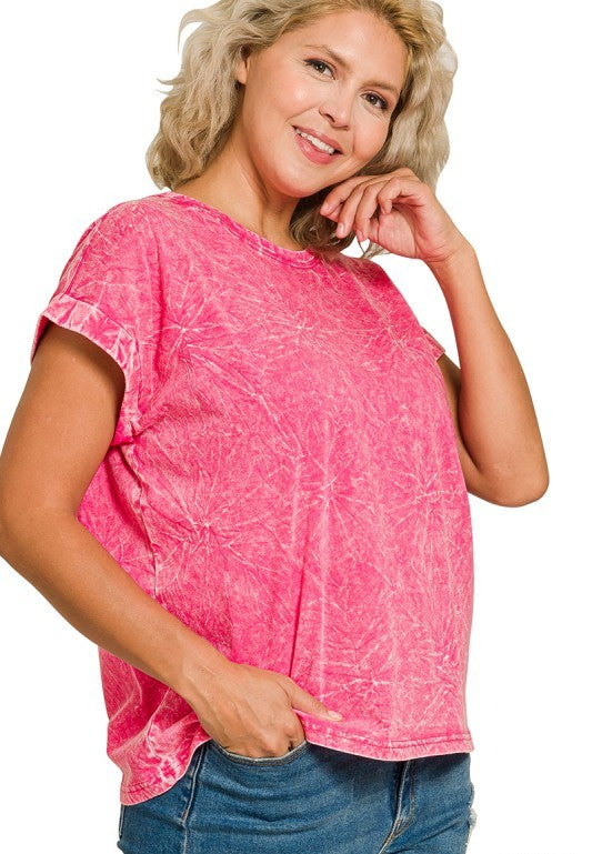 All in Fun Crinkle Washed Short Sleeve Tee in Hot Pink - Curvy
