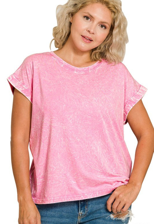 All in Fun Crinkle Washed Short Sleeve Tee in Candy Pink - Curvy