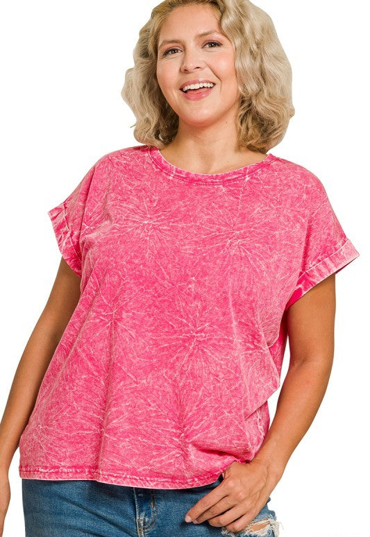All in Fun Crinkle Washed Short Sleeve Tee in Hot Pink - Curvy
