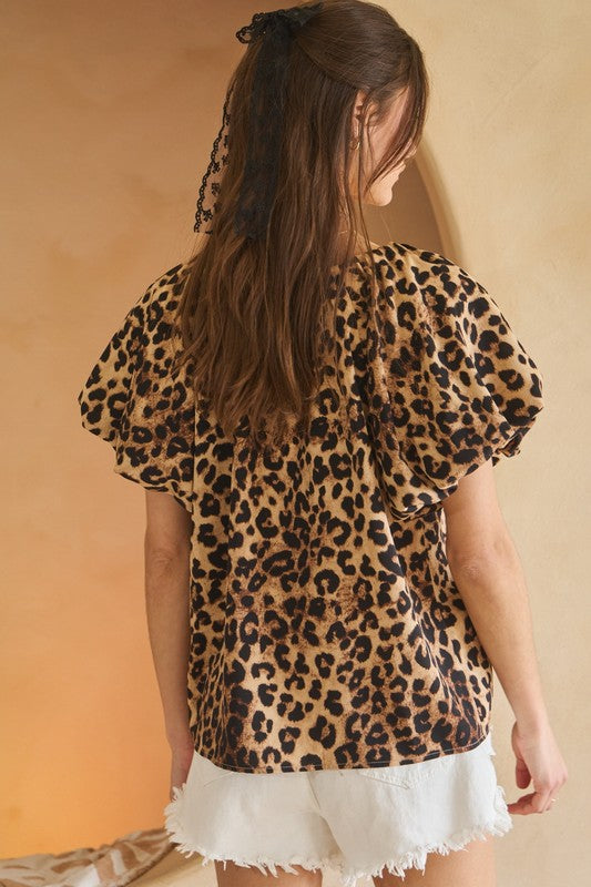 Coco Leopard Print Puff Sleeve Blouse with Lace Tie in Brown - Curvy