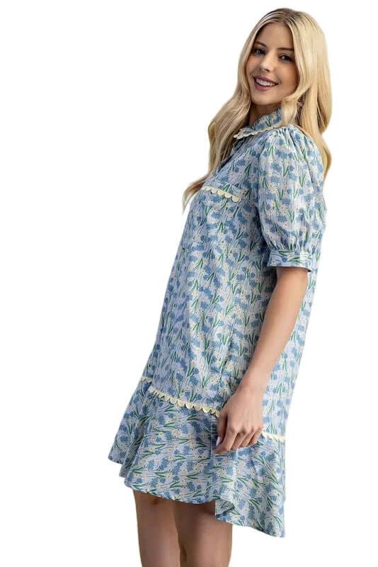 Bonnie Floral Print Mini Dress in Light Blue