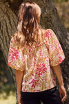 Back view of Fuchsia floral and amber striped blouse with puff sleeves and ribbon tie.