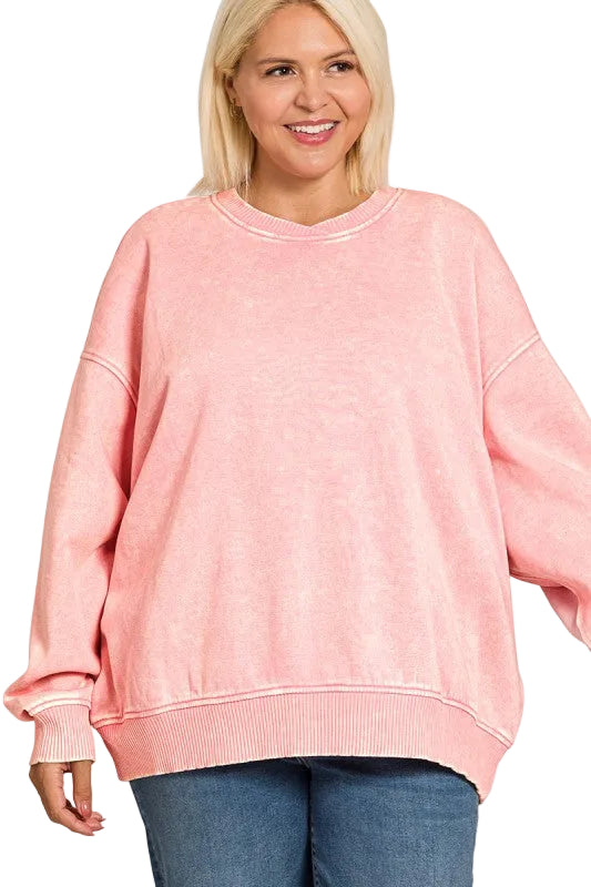 Easy Like Sunday Oversized Acid Washed Fleece Sweatshirt in Pink - Curvy