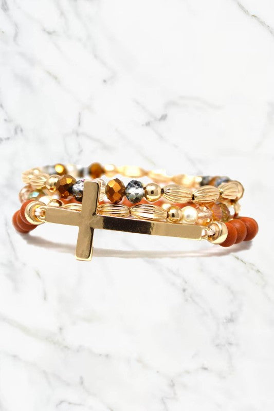 Faith 3-Piece Beaded Cross Bracelet Set in Gold