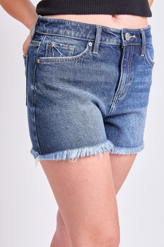 Taylor High Rise Fray Hem Shorts in Dark Wash