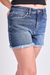 Taylor High Rise Fray Hem Shorts in Dark Wash