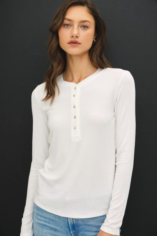 A Great Choice Modal Classic Ribbed Henley Top in Off White
