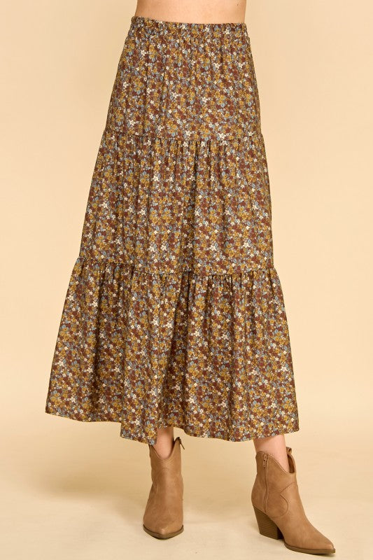 Raylie Floral Tiered Skirt in Brown