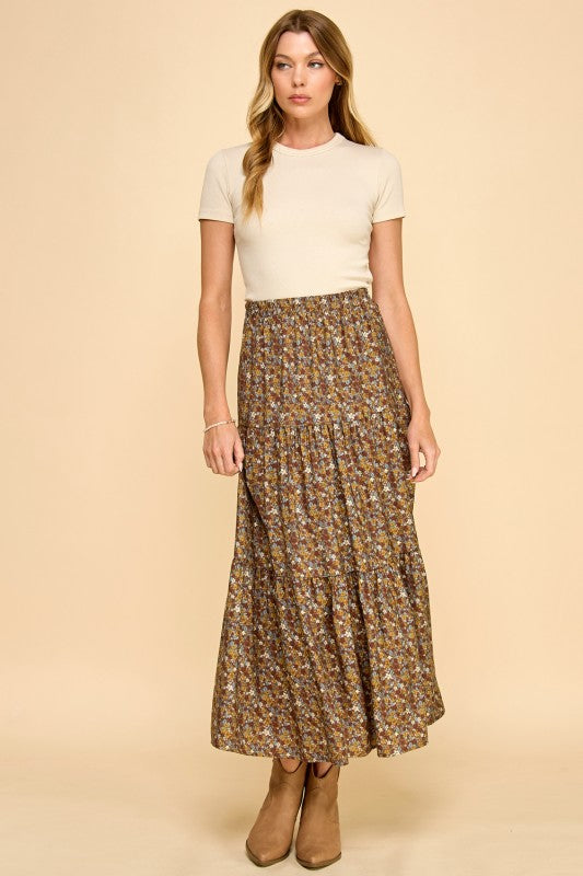 Raylie Floral Tiered Skirt in Brown