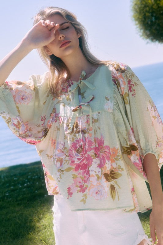 Marielle Floral Print Batwing Sleeve Top in Mint - Curvy