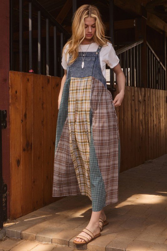Madeline Patchwork Overall Maxi Dress in Denim - Curvy — product image 1
