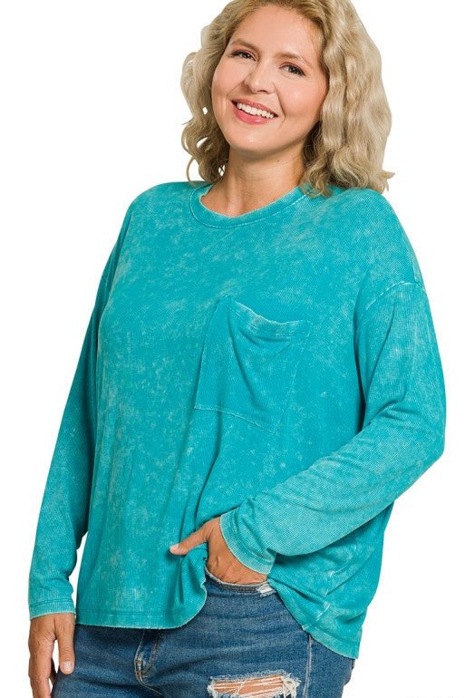 Jess Washed Ribbed Pocket Tee in Light Teal - Curvy