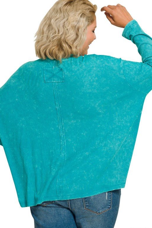 Jess Washed Ribbed Pocket Tee in Light Teal - Curvy