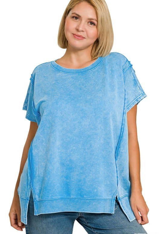 Calm, Cool, and Collected Acid Washed French Terry Pullover in Deep Sky - Curvy