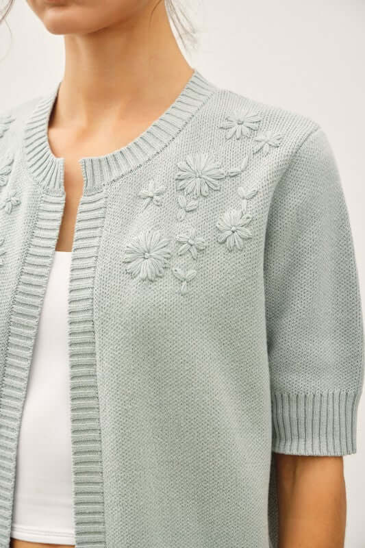 Oops a Daisy Embroidered Open Cardigan in Blue Sage